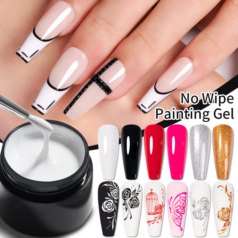 BOZLIN 5ml 4 In 1 No Wipe Painting Gel Varnish Black White Color Painting Liner Nail Art Glitter UV Gel Top Coat Manicure Polish 5ml 6 colors spider wire drawing gel uv glue gel spider web varnish painting liner nail art diy design manicure nail polish