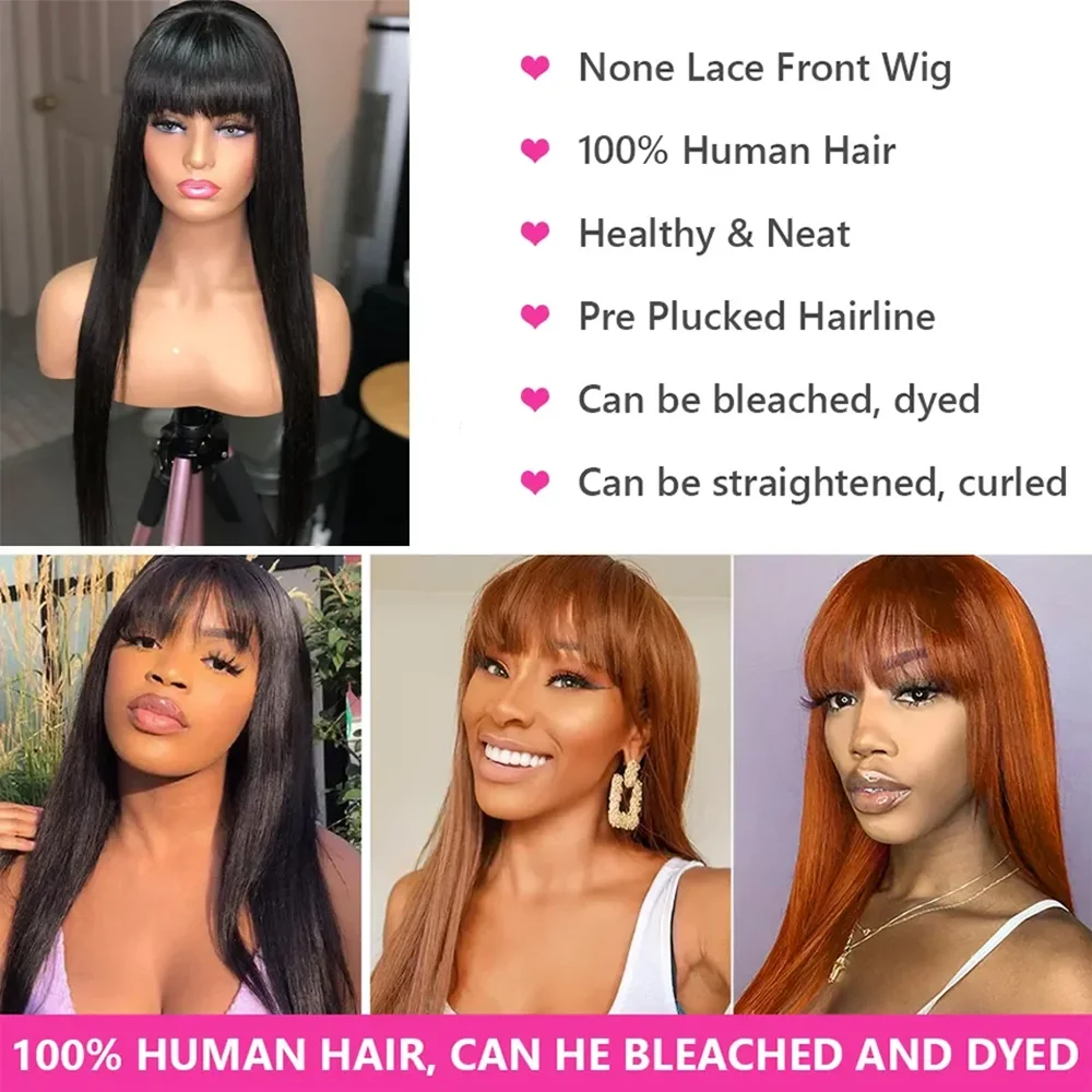 Straight Human Hair Wigs with Bangs 150% Density Machine Made Brazilian Virgin Human Hair Wigs for Black Women Natural Color