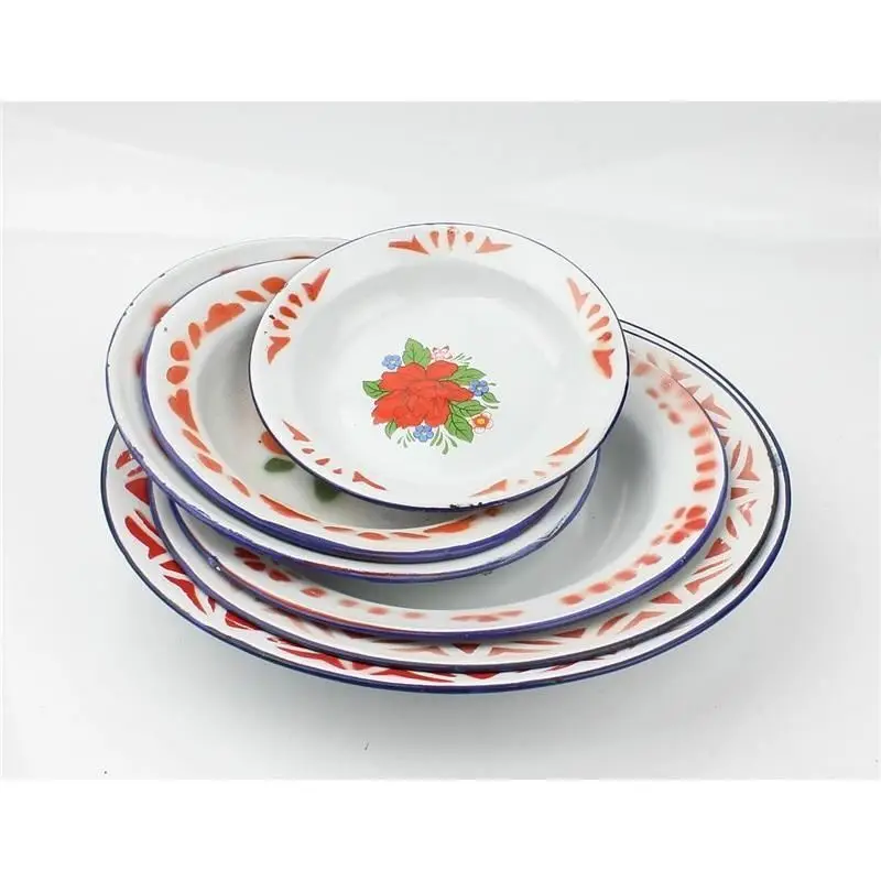 Household Food Dish Of Enamel flower type deep red flower plate cauliflower imitation retro nostalgia
