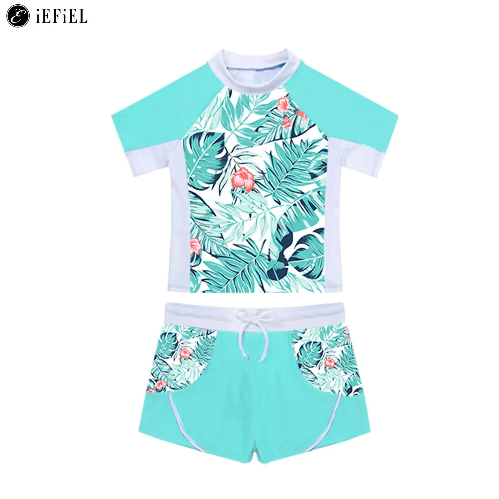 Kids Girls 2 Piece Rash Guard Set Swimwear Floral Print Short Sleeve Swim Shirt with Booty Shorts Tankini Swimsuit Bathing Suit children swimsuit