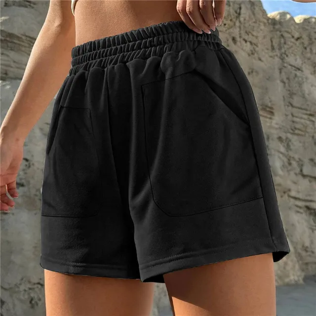  - Women Shorts With Pocket Summer Solid Color High Waist Hot Pants Casual Loose Sports Pants Elastic Waist Girls Cycling Shorts
