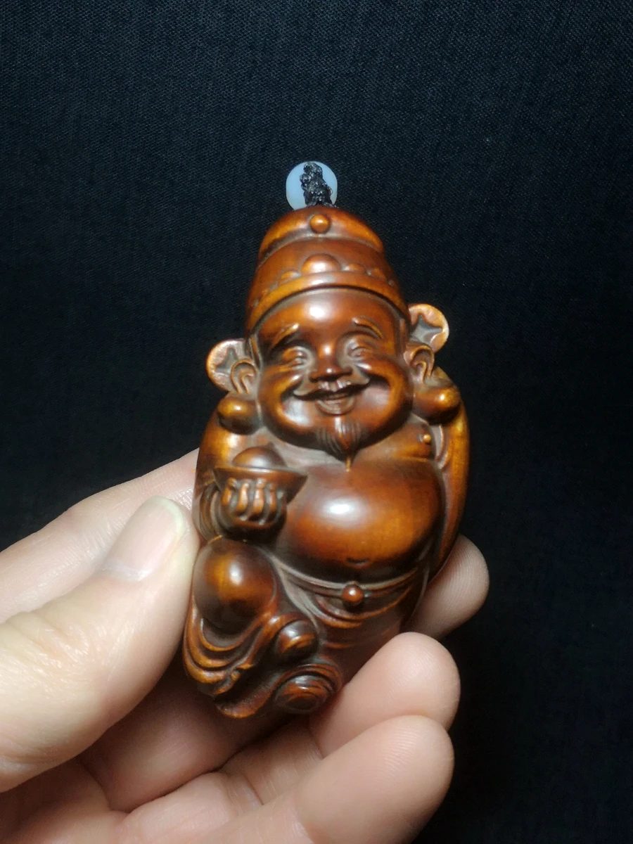 

YIZHU CULTUER ART Height 3.2 inch Old Chinese boxwood Hand Carved god of wealthy Figure Statue Netsuke Gift Collection