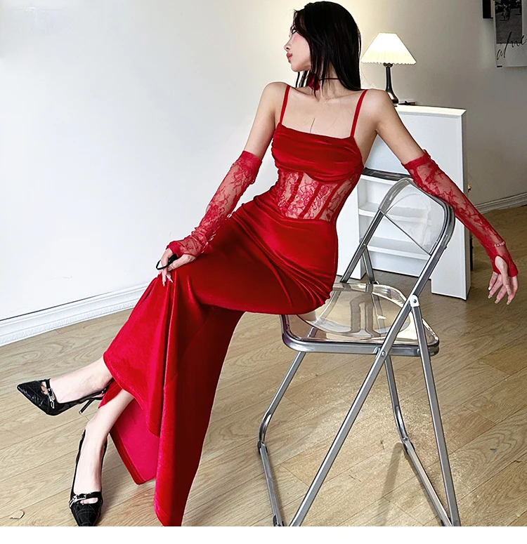 Sexy Bodycon Velvet Dresses for Women Spaghetti Strap Corset Slim Waist Slit Evening Party Dress Prom Robe Christmas Vestidos