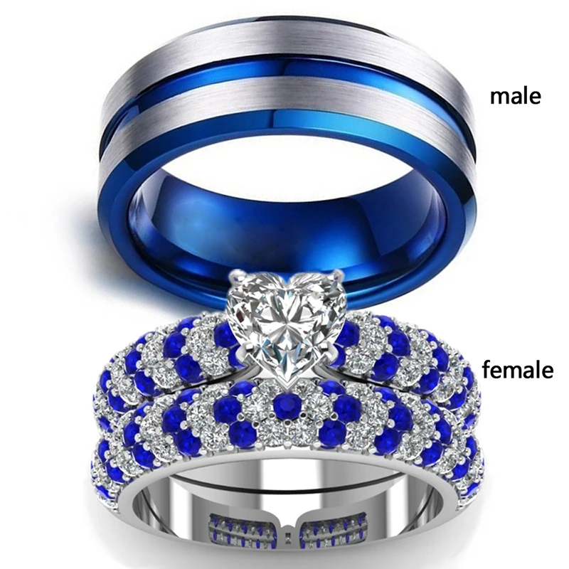 

Fashion Couple Rings Blue Stainless Steel Men Ring Women Heart Zircon Rhinestones Rings Set Bridal Engagement Wedding Band Gift