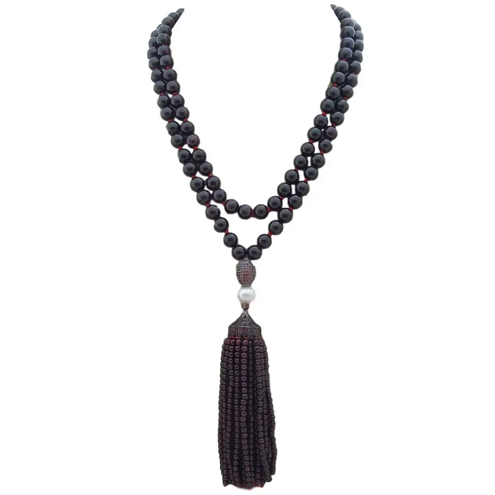 

40'' White freshwater Pearl Round Garnets long sweater chain Necklace CZ Pave Pendant