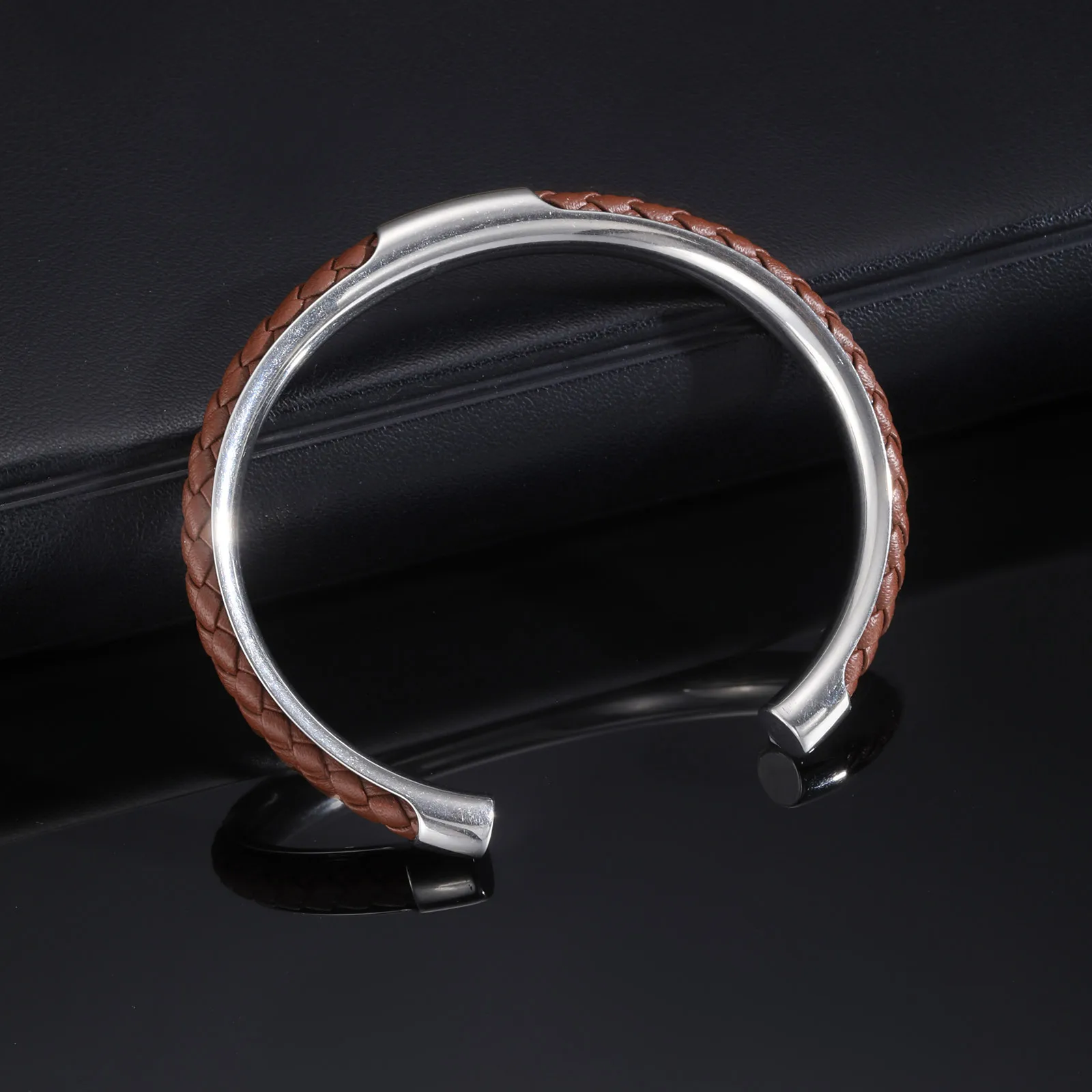 Vnox Gentle Mens Leather Bangle, Stainless Steel Cuff Bracelet with PU Leather Insert, Casual Personality Male Jewelry Gift 6