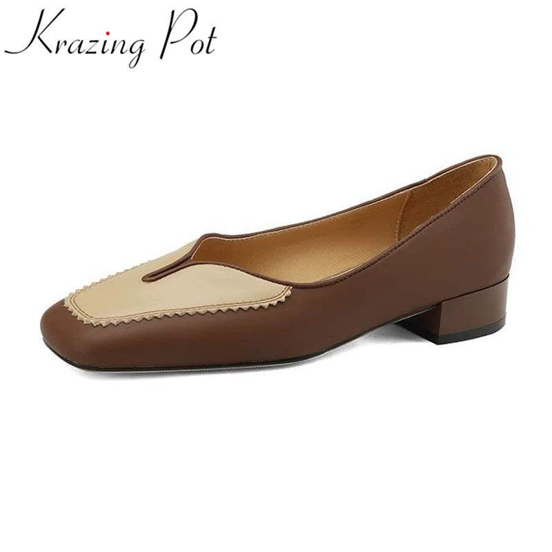 

Krazing Pot Retro Fashion Ruffles Strange Style Cow Leather Thick Low Heels Round Toe Spring Autumn Shoes Women Leisure Pumps