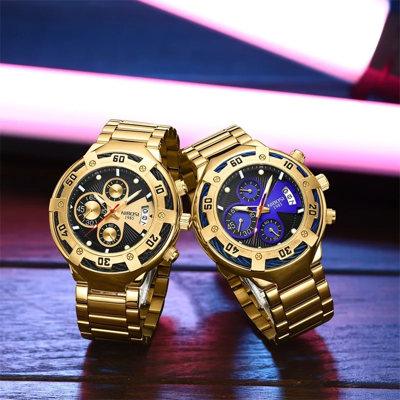 NIBOSI Big Dial Sport Chronograph Quartz Watch Men Waterproof Fashion Luminous Stainless Steel Men Wristwatch Relogio Masculino