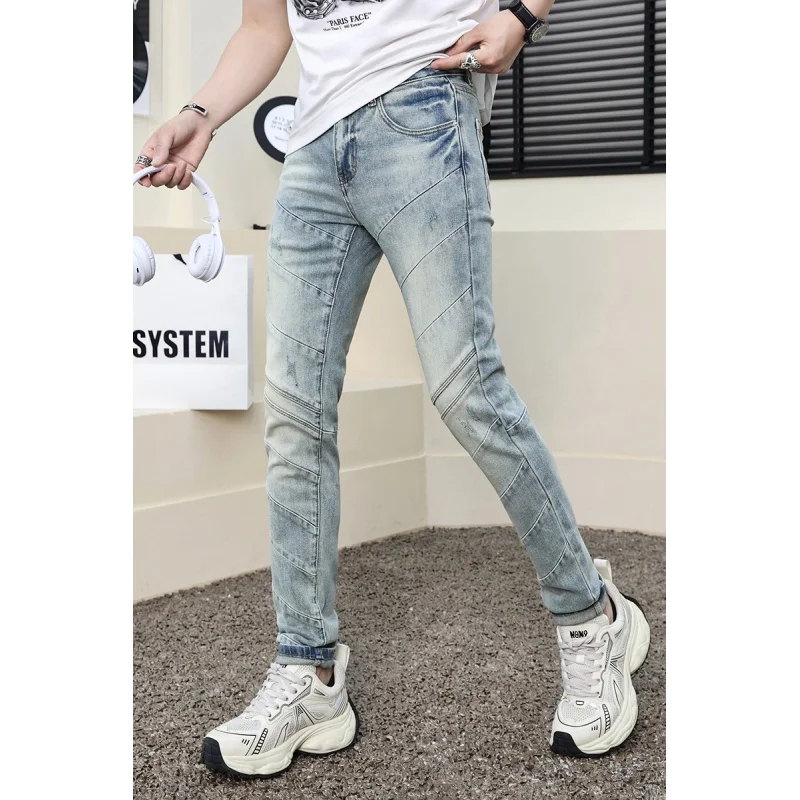 Fashion jeans men2024new trendy unique Stretch Slim high-end retro washed splicing machine long pants