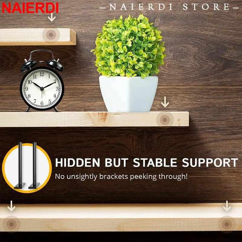 NAIERDI 플로팅 벽걸이 선반 브래킷, 헤비 듀티 블랙 블라인드 지지대 브래킷, 숨겨진 브래킷 2 개