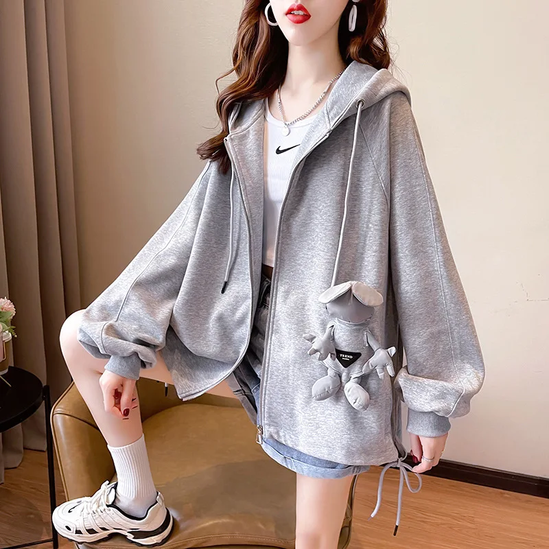 Hoodies Women Casual Pure Cotton Bear Zip Up Hoodie Sweaterwear Women Kawaii Clothes AestheticTops Harajuku Oversized Hoodie