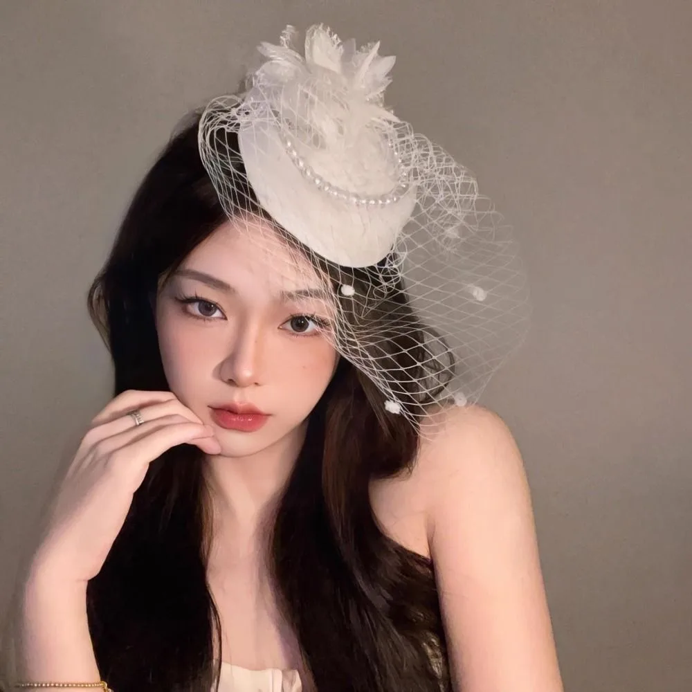 New Elegant Bridal Headwear Vintage Pearl Flower Pillbox Hats Temperament Mesh Fascinators Hat For Women