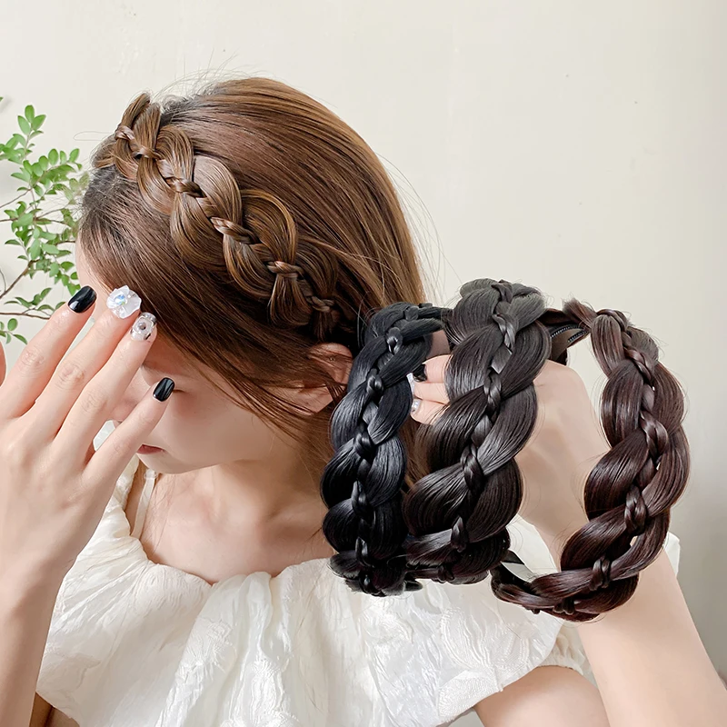 New Solid Color Wig Weaving Hairband for Women Korean Elegant Style Headband Outdoor Fashion Hoop Girls Hair Accessories