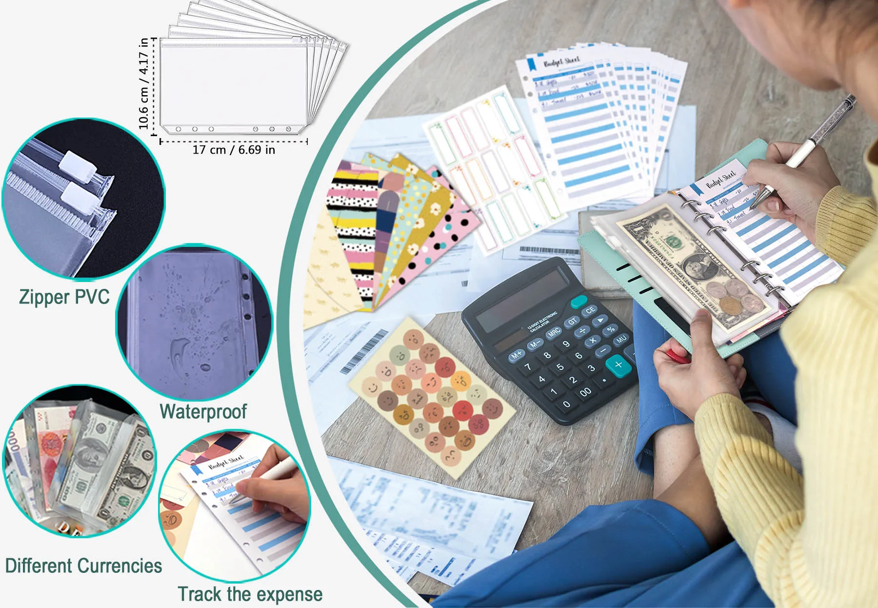 Budget Binder with Zipper Envelopes Cash Envelopes with Budget Sheets PVC Pockets Stickers & Pen
