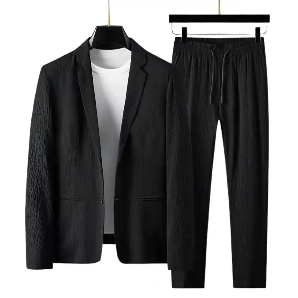 Spring Summer Fashion Suit Men Blazer Pants Stripe Pleats Long Sleeve Turndown Collar Jacket Drawstring Trousers for Wedding