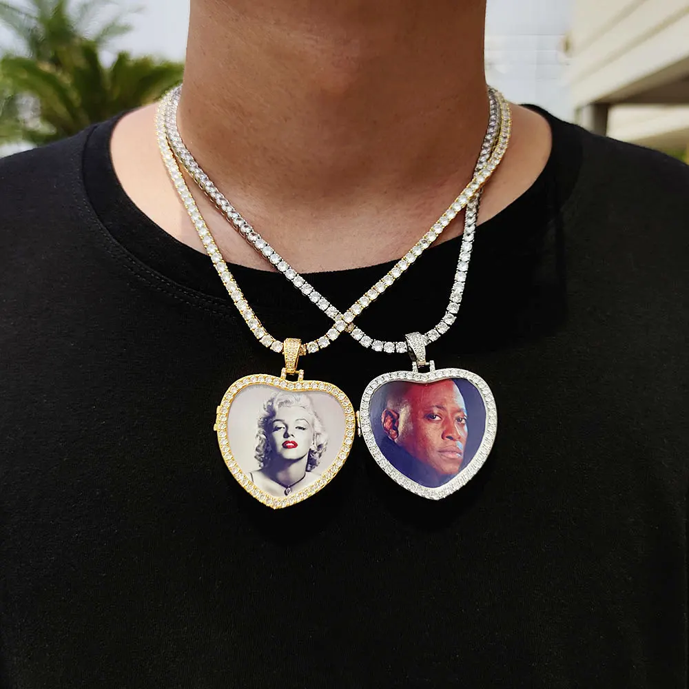 Hip-Hop Fashion In Europe And The United States Hollowed Out Flip Heart Photo Pendant Micro-Set Zircon Photo Frame Necklace