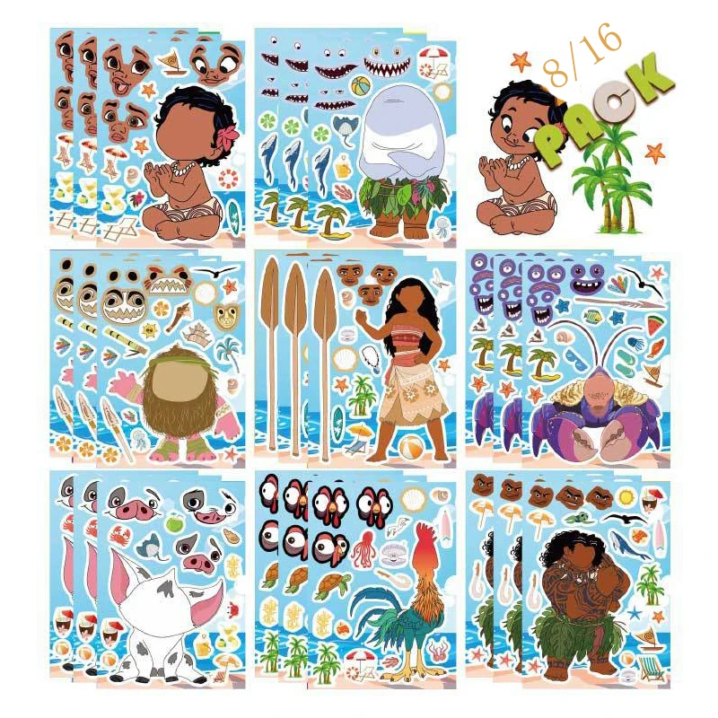 8/16sheets Disney Cute Moana Puzzle Stickers Game Make a Face Children Assemble Jigsaw DIY Decoration Kids Educational Toy Party