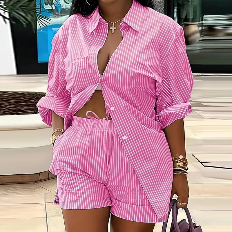 

Office Fashion Strip Graphic Suit 2023 Spring Long Sleeve Collar Tops Women' Sets Summer Casual Pockets Drawstring 2Pc Outfits