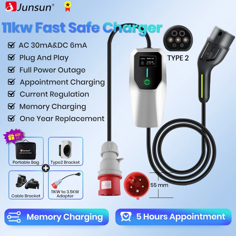 JunsunEVChargerType2ElectricVehicleWallbox11KWPortableChargerBoxEVSEController