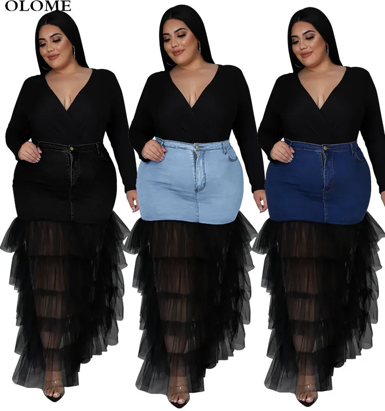 

4XL 5XL Women Denim Skirt Fashion Ruffles Mesh Patchwork Layers Casual Cake Skirt High Waist Nightclub Party Clothes 5XL