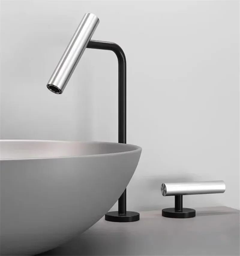 Description Picture 5 of itemGray Basin faucet Bathroom two holes Widespread Brushed Gold sink tap 360 rotating widespread Black
