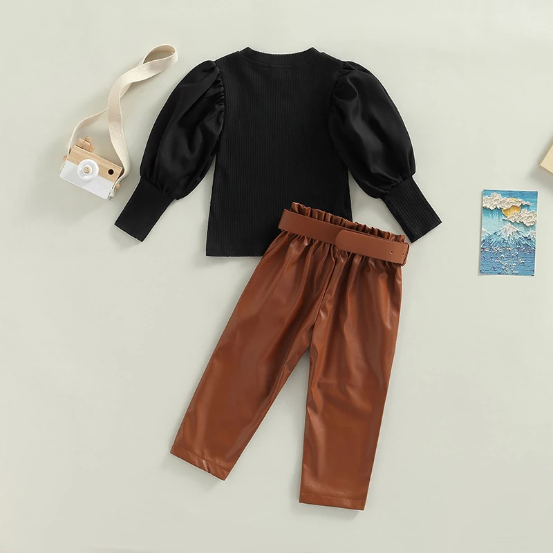 1-6Y Kids Girls Autumn Clothes Sets Baby Puff Long Sleeve Ribbed Tops + PU Leather Long Pants + Belts Children Outfits