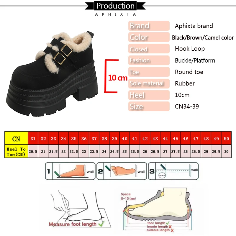 Aphixta Women 10cm Platform Winter Boots Camel Hook Loop Furry Warm Women Shoes Thick Botton Sole Boot Cow Suede Casual Footwear