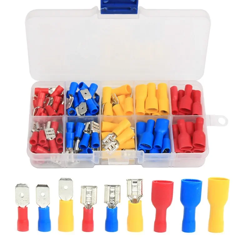 258/236/122PCS 절연 전기 와이어 압착 커넥터 스페이드 버트 링 포크 링 러그 압연 터미널 압착 플라이어 도구 키트