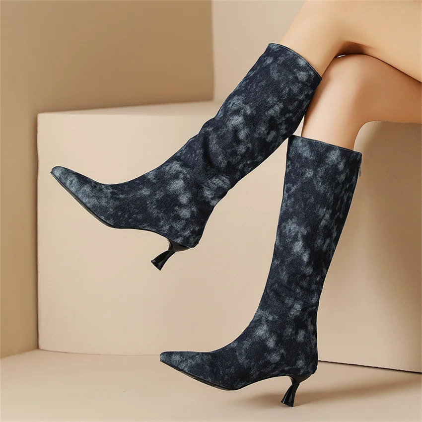 

High Heel Womens Boots 2023 Winter Pointed Toe Zip Denim Women Shoes Plus Size 40-48 Elegance Slim Knee High Boots Dropshopping
