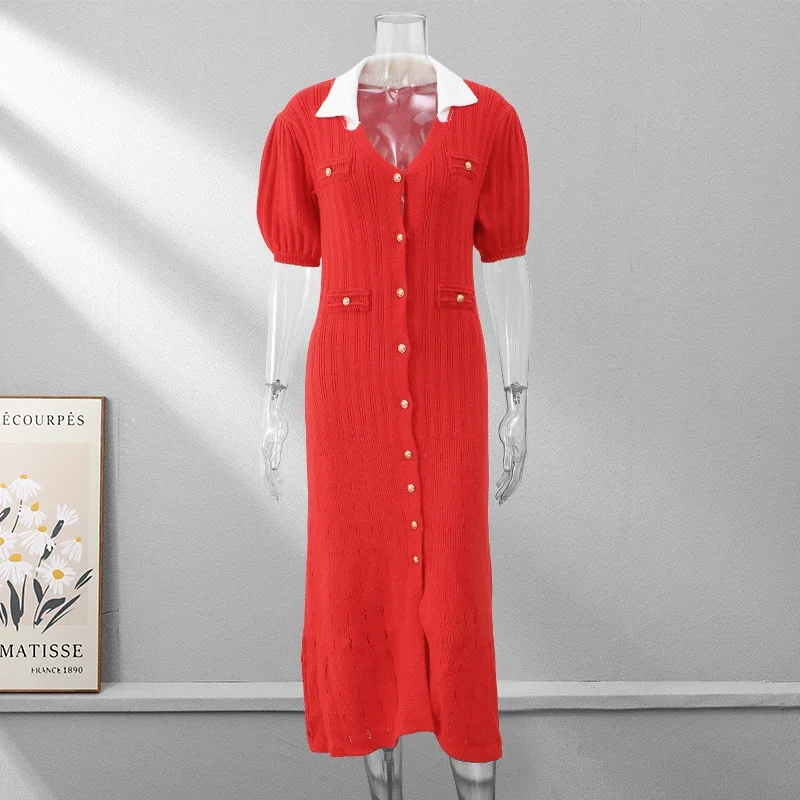 V-Neck Knit Contrast Long Dress Women Hollow Out Lapel Fashion High Waist Elegant Party Dress Knitwear Ladies Maxi Dress