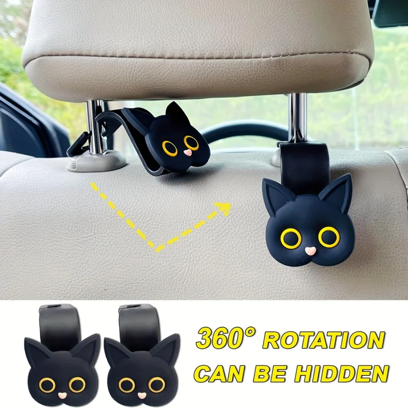 2pcs Cute Cartoon Cat Car Headrest Hooks Vehicle Hanger for Purses Bags Coats Umbrellas