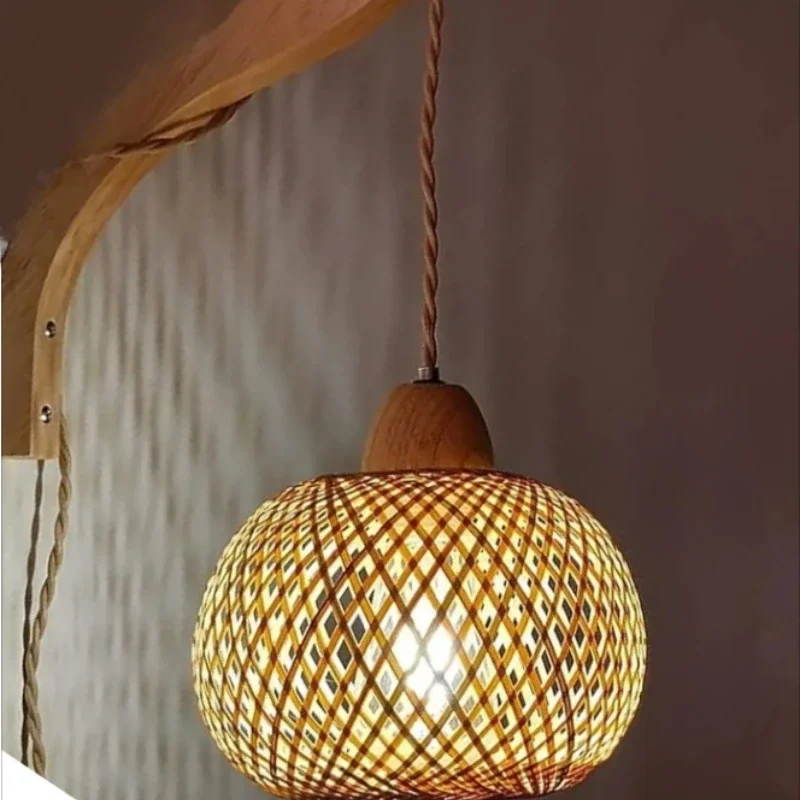 EU Plug-in Vintage Bamboo Woven Bedside Wall Lights Dining Room Ceiling Hanging Lamps Bedroom Farmhouse Rural Indoor Decor