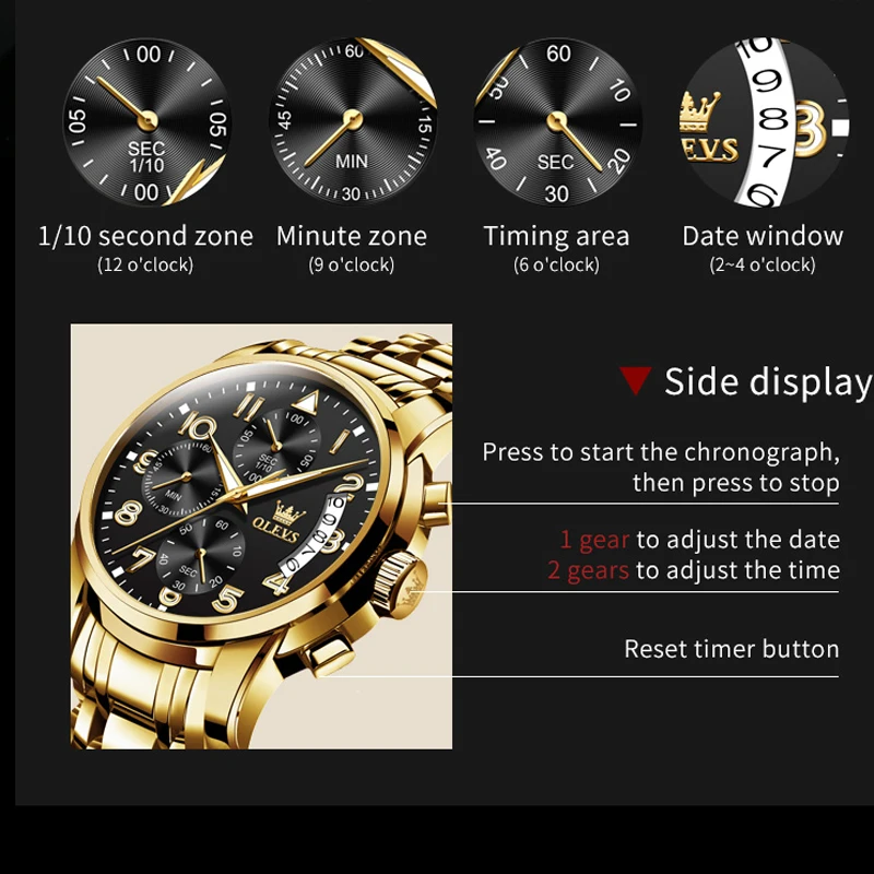 OLEVS Luxury Top Brand Watch for Men's Waterproof Sports Stainless Steel Chronograph Wristwatches Gold New Fashion Reloj Hombre
