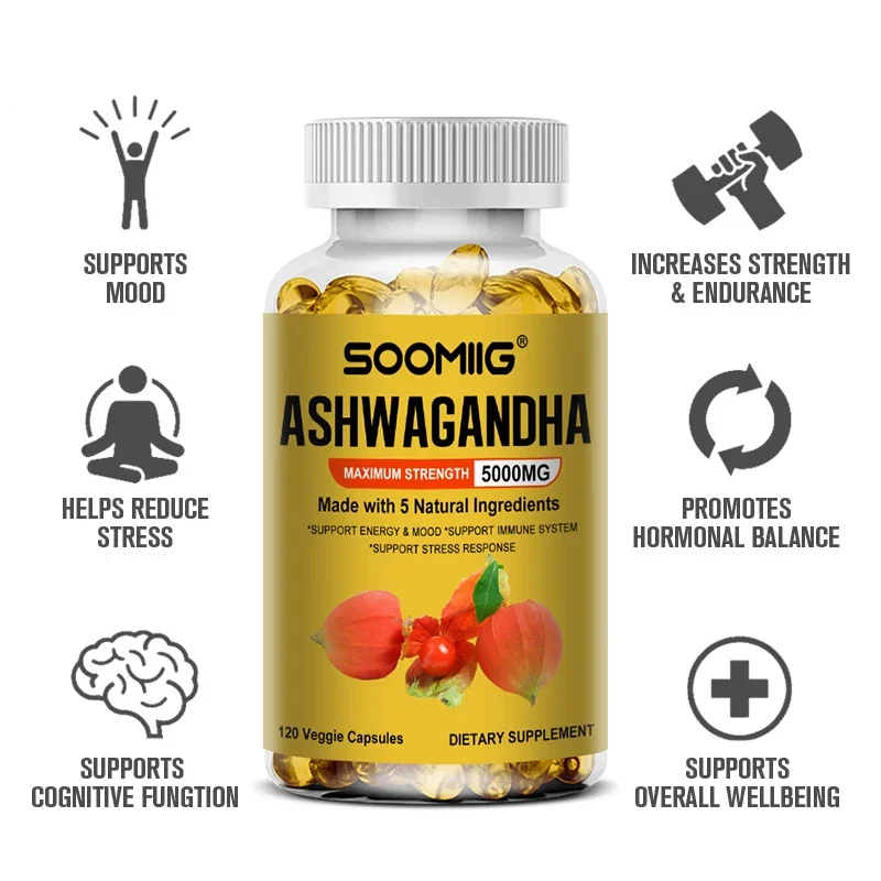 Ashwagandha Supplement Organic Ashwagandha Capsules 5000 Mg Promotes Stress Relief Natural Mood and Focus Natural Energy Supplement Unisex
