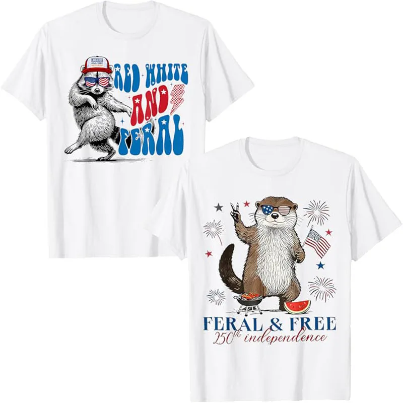 250. Unabhängigkeitstag 4. Juli T-Shirt mit Wildem und Freiem Otter, Rot-Weißes und Wildes Waschbär-Shirt für den 4. Juli, Stolzes USA-Tee-Shirt