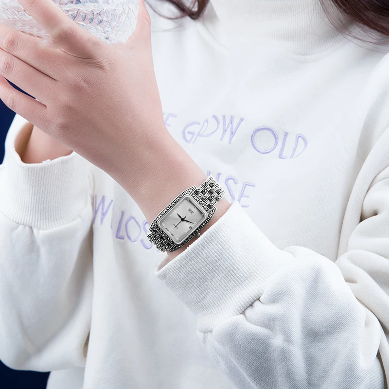 YYSUNNY Fashion S925 Sterling Silver Wrist Watch for Women Classic Rectangular Dial Personalized Jewelry Birthday Gift