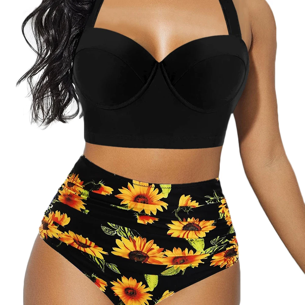Bikini Set Women Push Up Summer Flower Print High Waist Swimming Suits