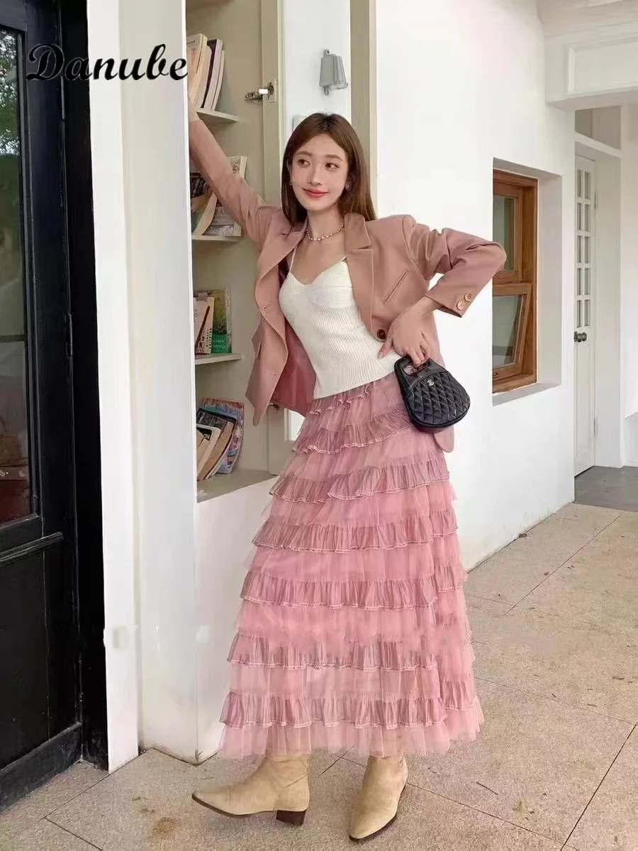 Pleated Skirt High Waisted Pink Tulle Skirt Vintage Ruffles Tutu