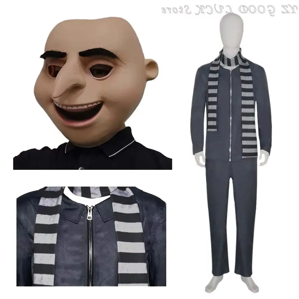 Set De Disfraz De Gru Para Adultos – Bufanda A Rayas Negras Y Grises, Nariz Falsa, Gorro Calvo Y Redecilla Para Cosplay De Mi Villano Favorito