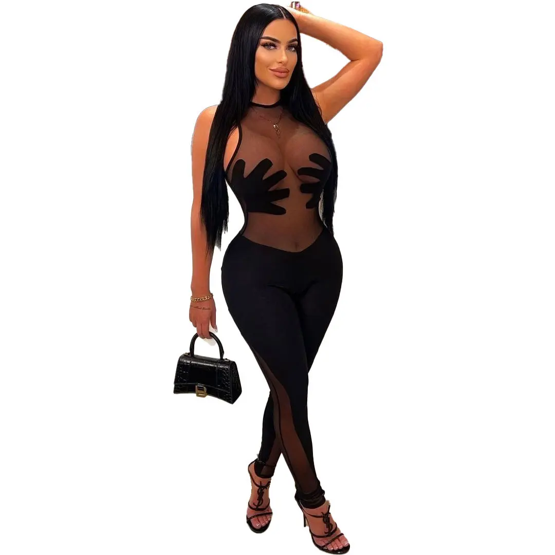 

Jump Suits for Women Sexy Sleeveless Mesh Patchwork Bodycon Plus Size Pants One Piece Jumpsuit Birthday Outfit Women Rompers
