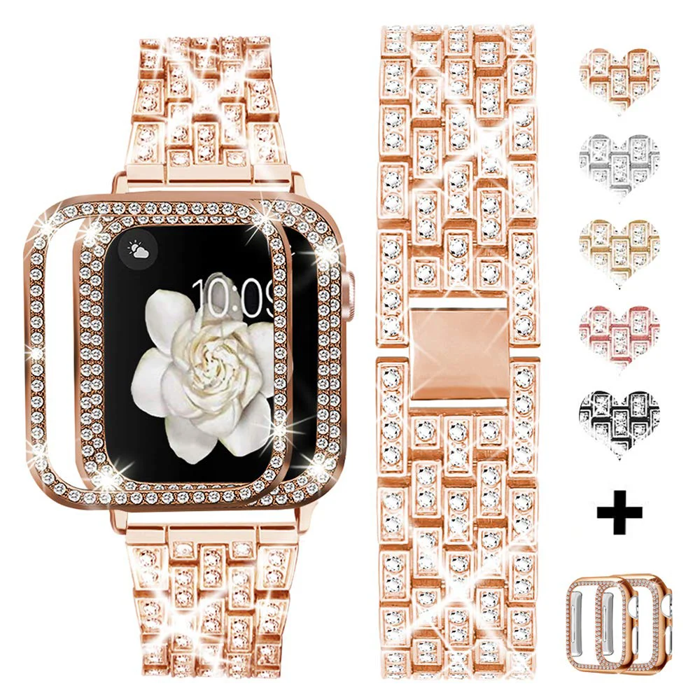 Elegant Diamond-Encrusted Watch Band with Protective Cover & Screen Protector