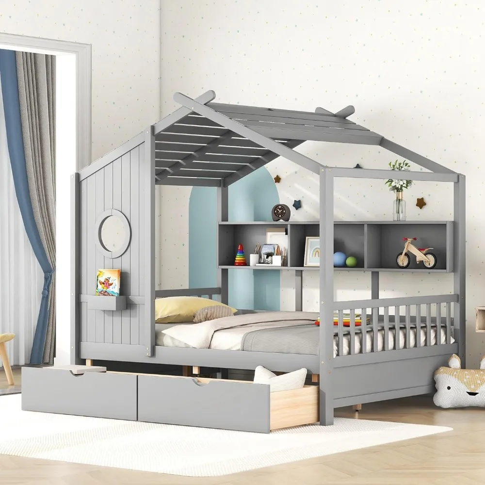 

Full Size House Bed with Storage Drawers and Shelves, Wood Montessori House Bed Frame, Kids Playhouse Tent Bed