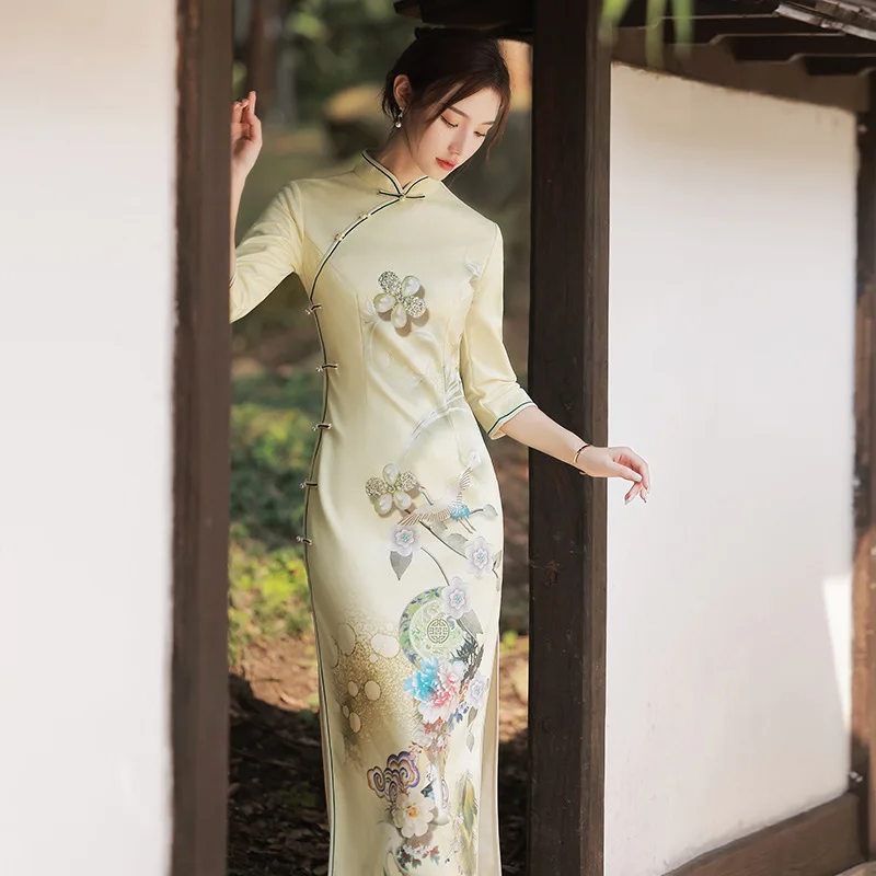 

Autumn Suede Cheongsam Print Long Sleeve Vintage Dress Slim-fit Wedding Costumes Long Qipao S To XXL