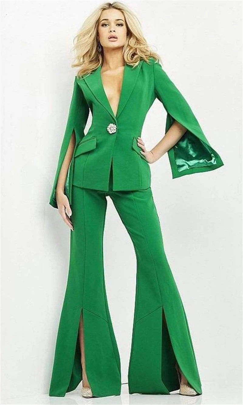 2 Pcs Green Women Suit Set Blazer+Flare Pants Formal Wedding Tuxedo Sexy Split Coat Jacket Prom