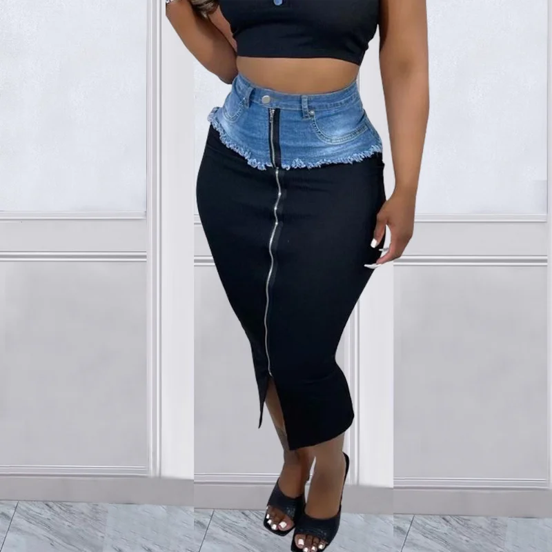 

KEXU Denim Patchwork Zipper Fly High Waist Bodycon Midi Women Skirt 2023 Streetwear Fashion Jean Skirts