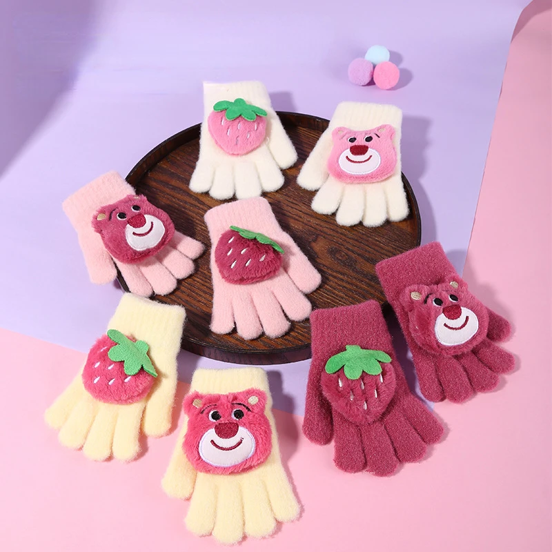 

New Winter Children's Warm Plush Gloves Kawaii Disney StrawberryBear StellaLou Cartoon Character Knitted Plush Cold-proof Gloves