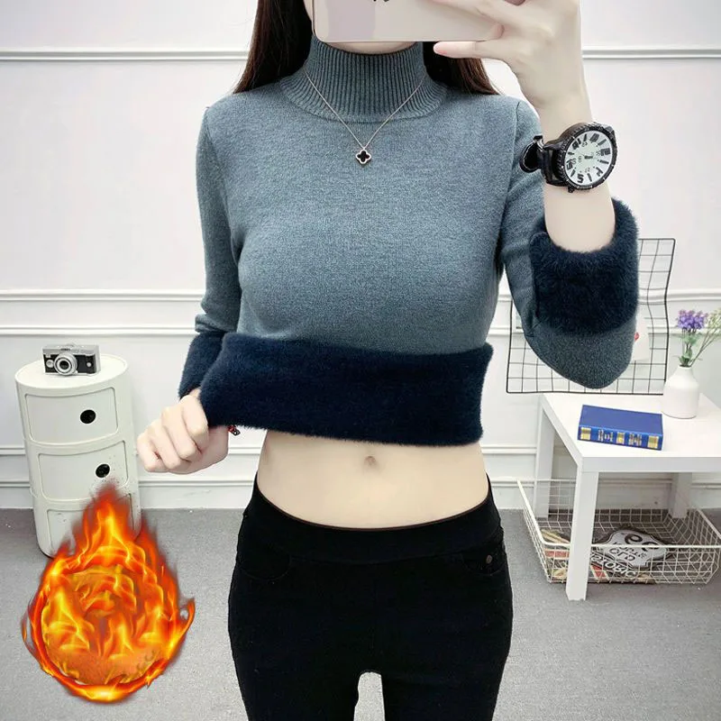 

2023 Autumn Winter Thicken Bottom Women Sweater Half High Collar One Piece Plush Knit Sweater Stripe Casual Slim Warm Sweater