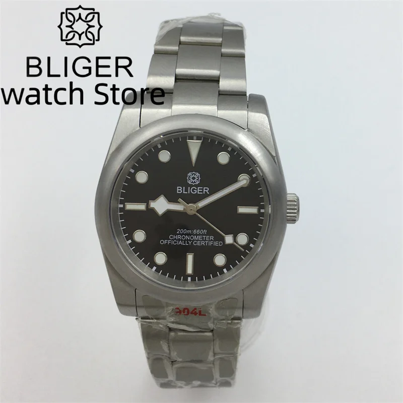 Bliger36mm 39mm black luminous dial brushed round bezel automatic men\'s watch NH35PT5000 Movement Sapphire Glass Oyster bracelet