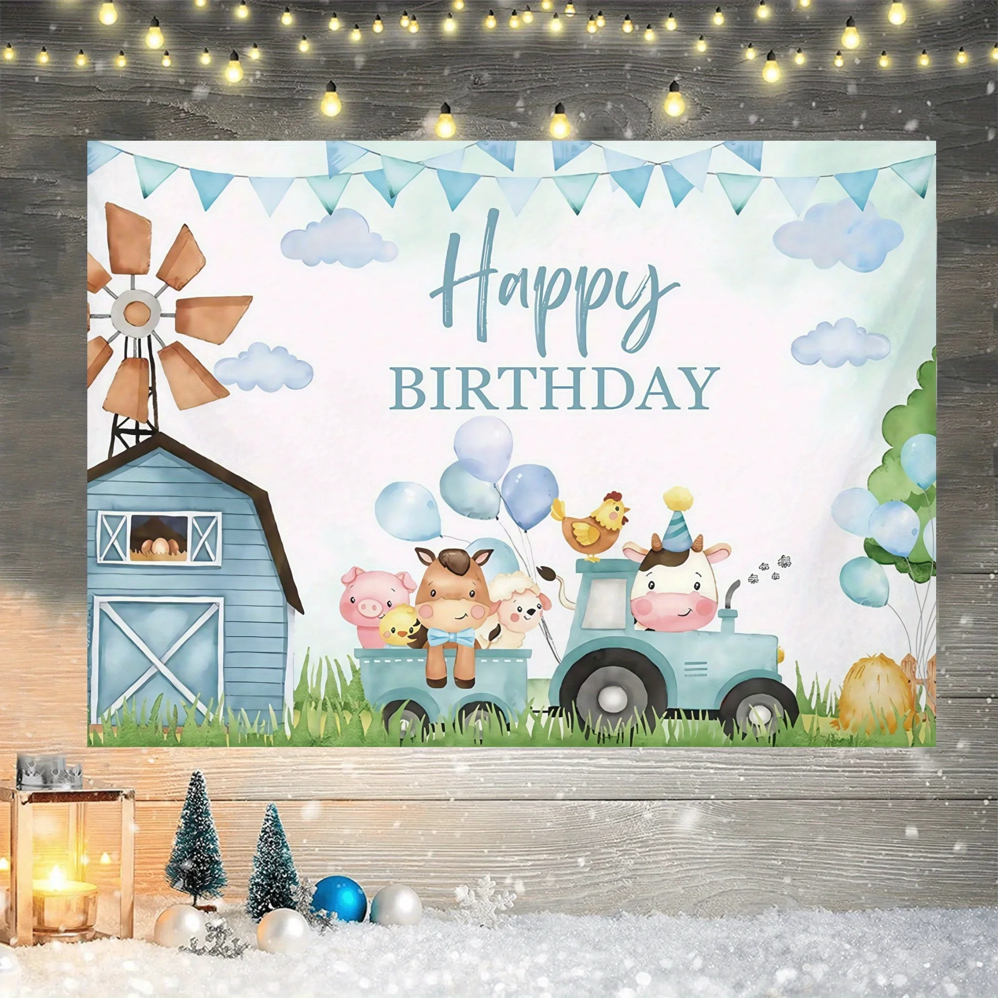 1 Stück süßer Bauernhof-Cartoon-Tier-Geburtstagshintergrund – Polyester-Partydekoration, blauer Himmel, weiße Wolken und altmodische Autos – Detail 7