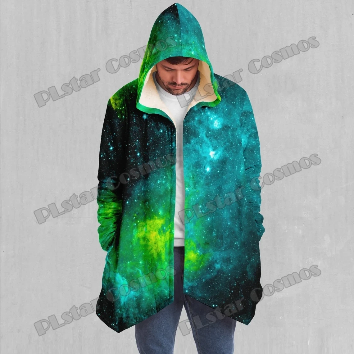 PLstar Cosmos Galaxy Nebula Space Pattern 3D Printed Men's Fleece Hooded Cloak Winter Unisex Casual Thick Warm Cape Coat DP73